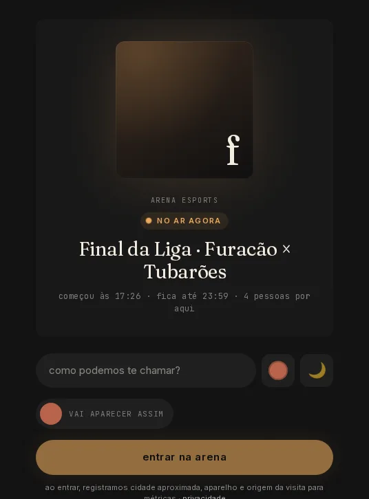 Cartão de entrada da arena: Final da Liga, Furacão contra Tubarões, no ar agora, e o campo de apelido.