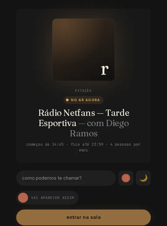 Cartão de entrada da estação: Rádio Netfans, Tarde Esportiva, com Diego Ramos, no ar agora, e o campo de apelido.